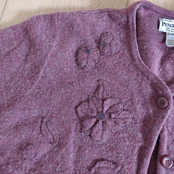 Pendleton Floral Beaded Purple Merino Wool Cardigan XL - Picture 2 of 7